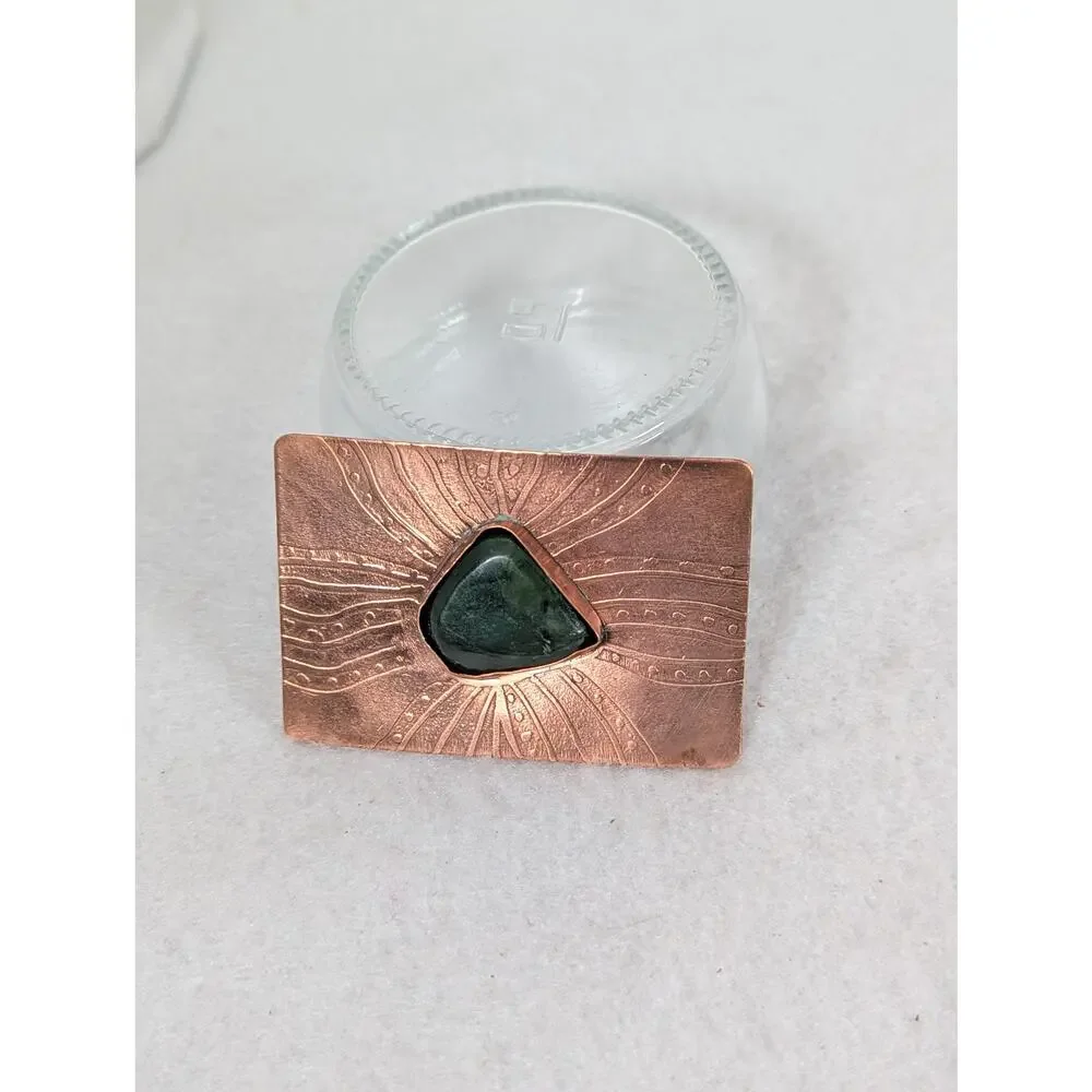 Vtge Hand etched Copper belt buckle with Jade 27/8